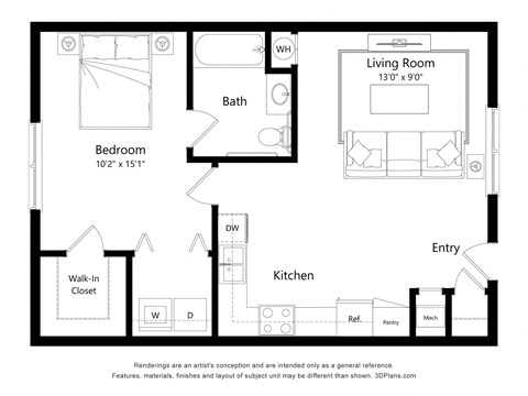 Floor plan for 1 bed, 1 bath, 708 sqft